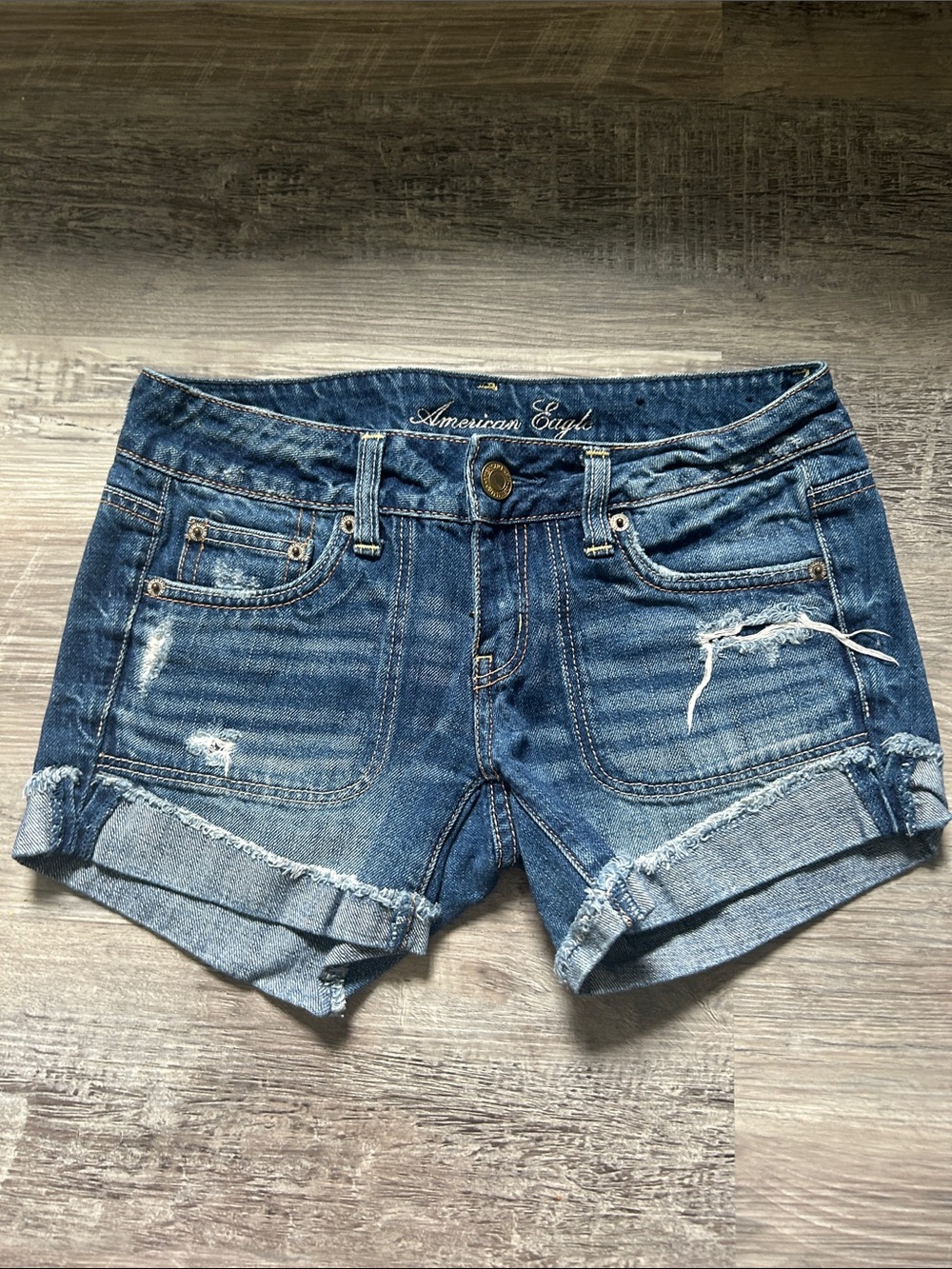 American Eagle Outfitters Distressed Rolled-Hem Denim Shorts - Blue